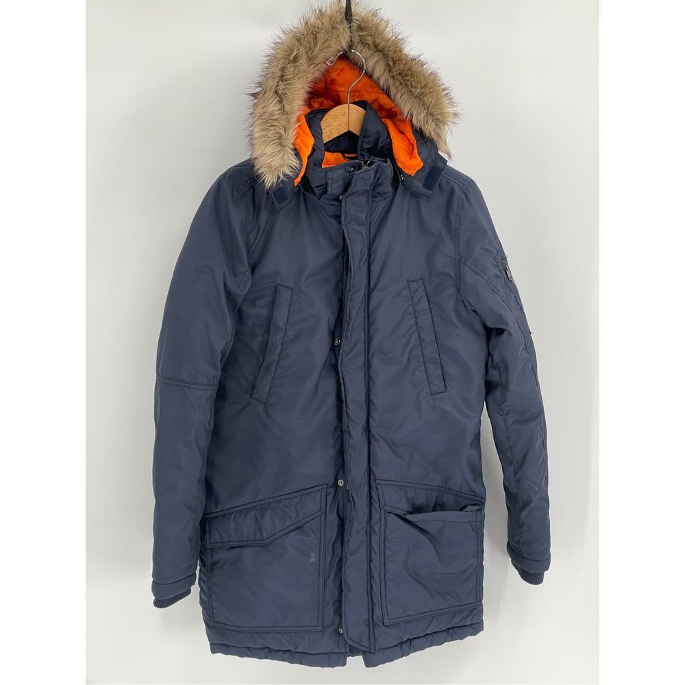 H&M Jacket Women's Medium Youth Size 20‎ Navy Blue Hooded Faux Fur Long